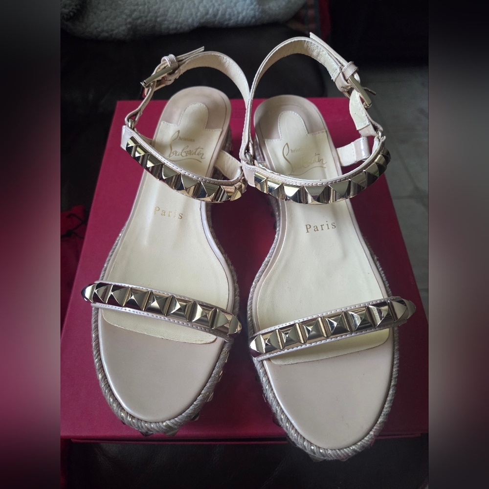 Christian Louboutin 60mm Pyraclou Patent Spike Wedge Sandals Size 37